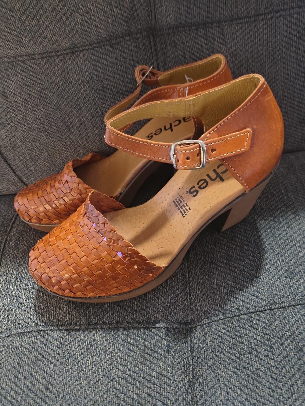 Woven Leather Ankle-Strap Heels in Cognac